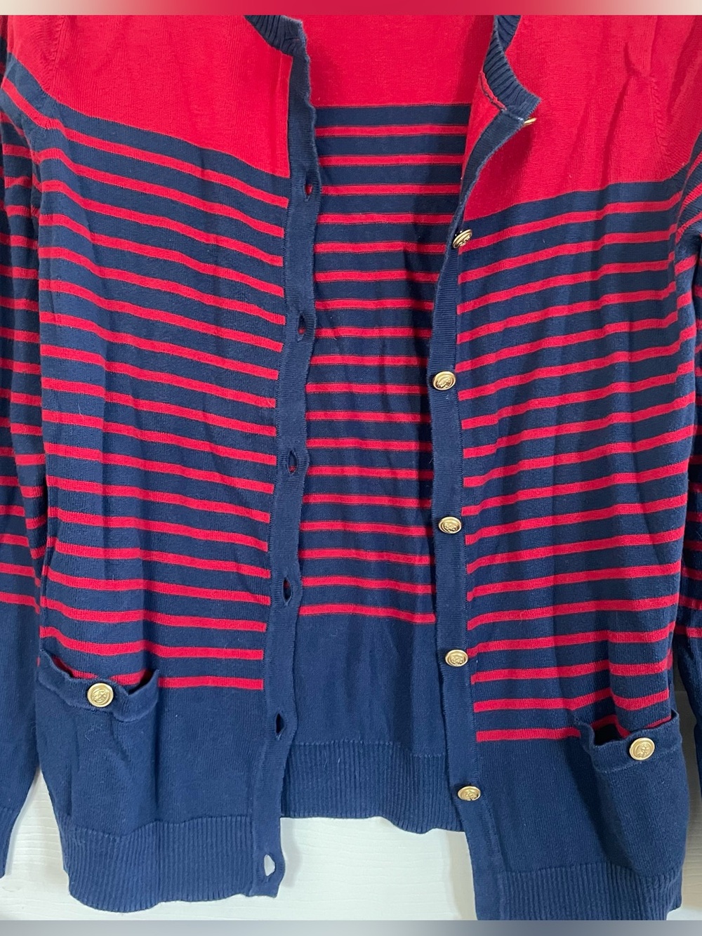 Lands End Red Navy Blue Nautical Cardigan size S 100% Cotton - Picture 3 of 13